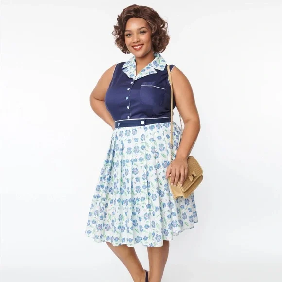 Unique Vintage White & Blue Floral Eyelet Collins Wrap Swing Skirt - 2X/18 - Picture 2 of 4